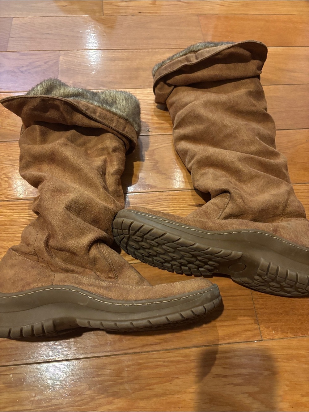 Suede Faux-Fur Lined Slouch Boots - Chestnut Brown